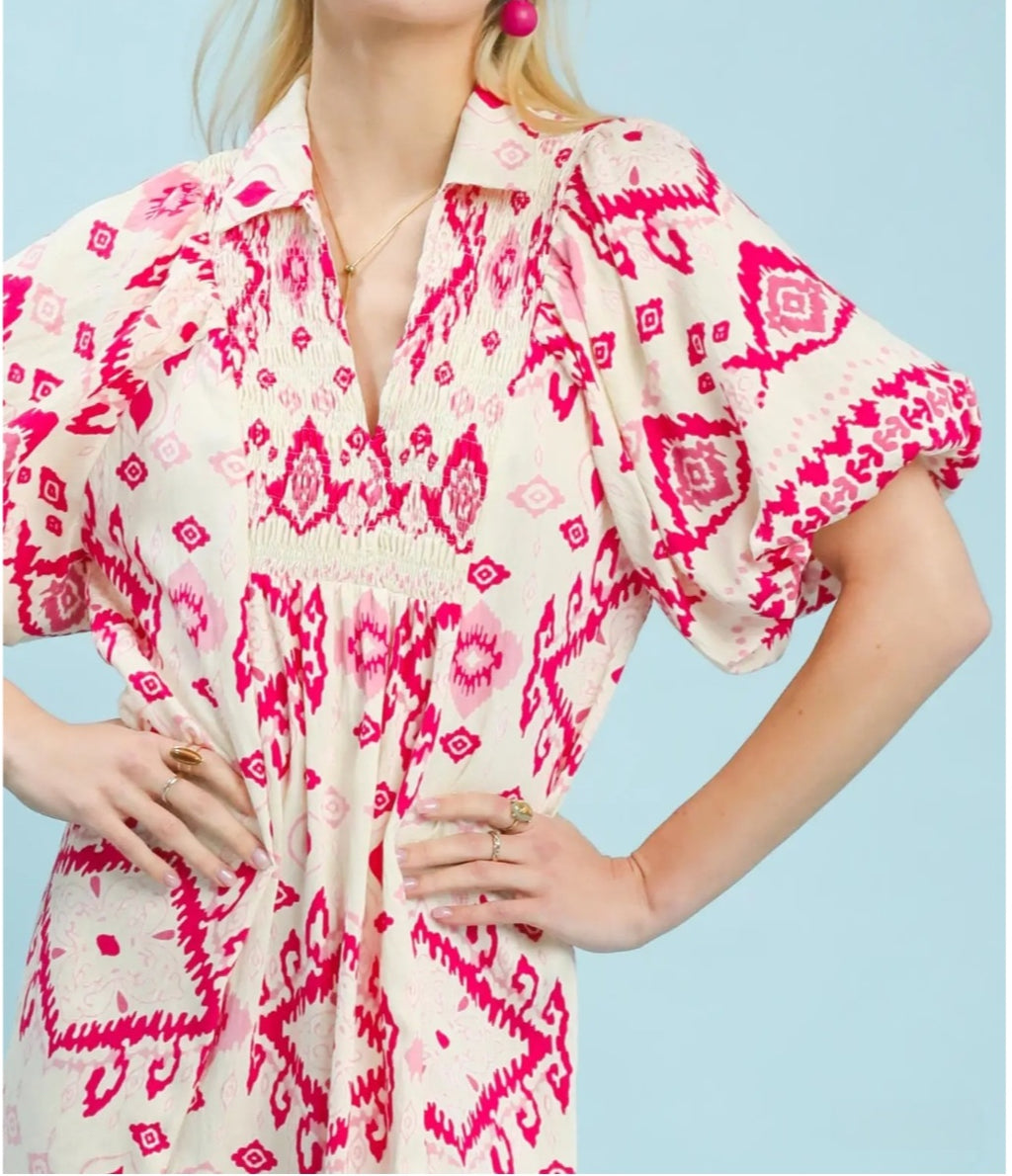 UMGEE SHORT PUFF SLEEVE LONG DRESS | Pink & White Print