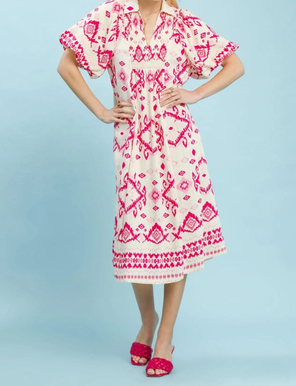 UMGEE SHORT PUFF SLEEVE LONG DRESS | Pink & White Print