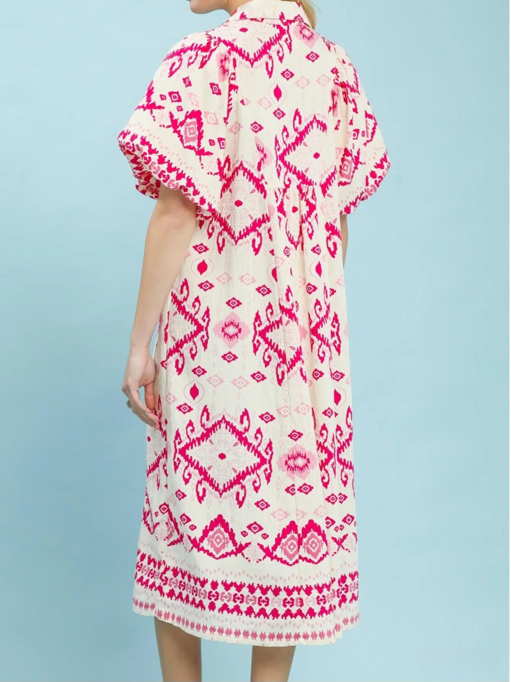 UMGEE SHORT PUFF SLEEVE LONG DRESS | Pink & White Print