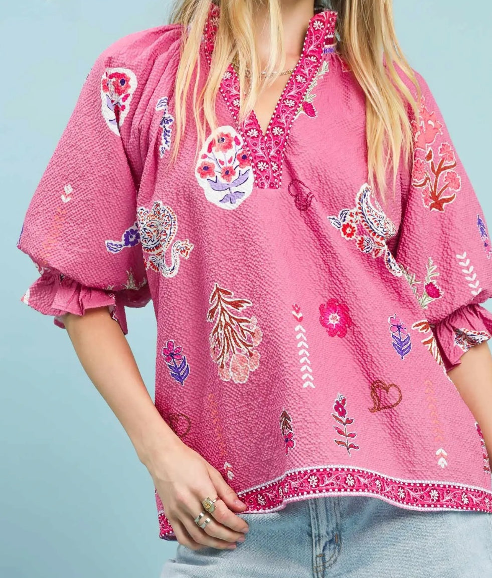 UMGEE MAUVE PINK FLORAL PRINT V-NECK SMOCKED STAND UP COLLAR ELBOW LENGTH TOP