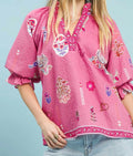 UMGEE MAUVE PINK FLORAL PRINT V-NECK SMOCKED STAND UP COLLAR ELBOW LENGTH TOP