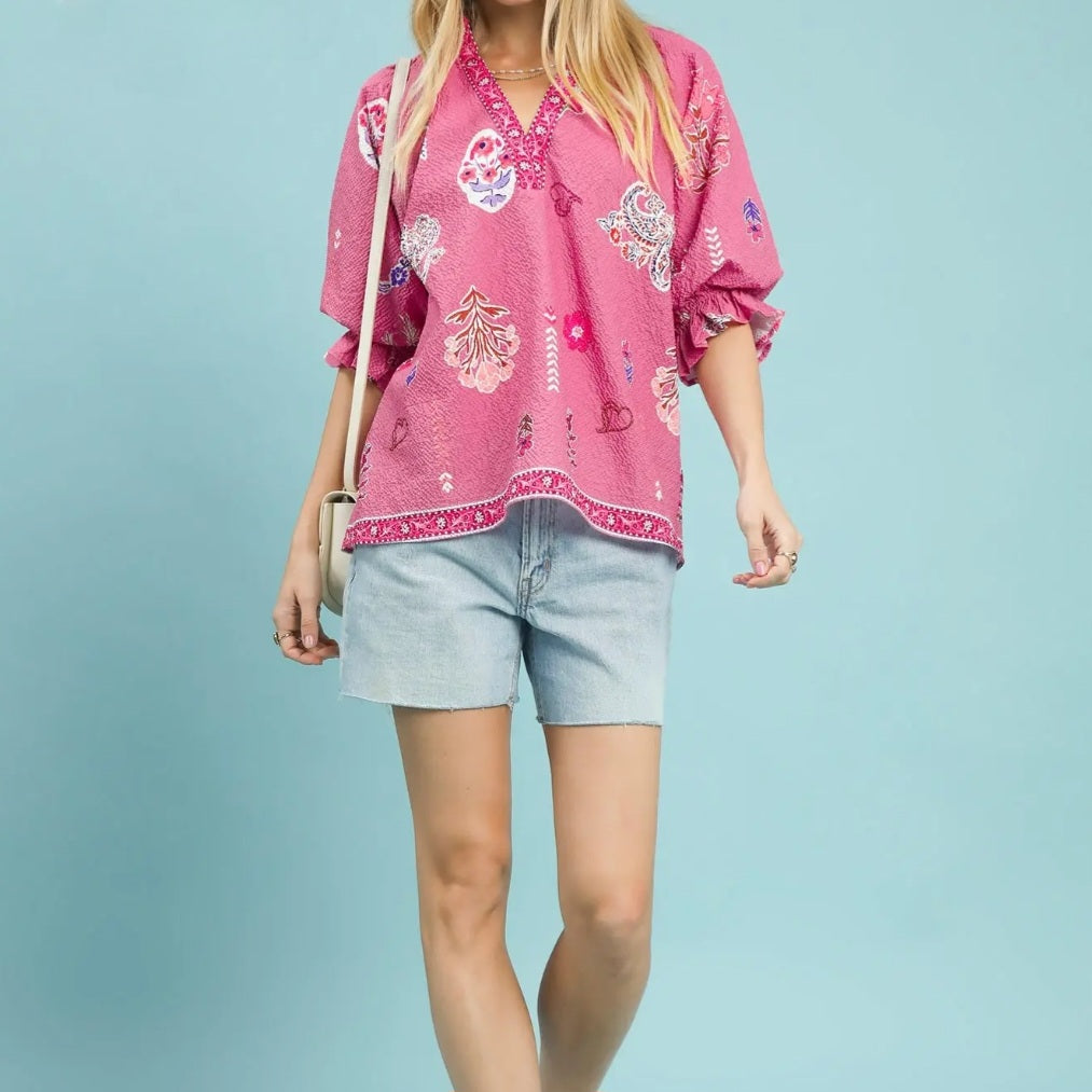 UMGEE MAUVE PINK FLORAL PRINT V-NECK SMOCKED STAND UP COLLAR ELBOW LENGTH TOP