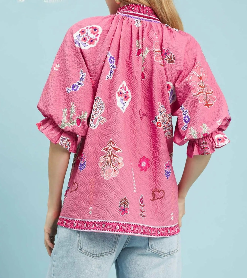 UMGEE MAUVE PINK FLORAL PRINT V-NECK SMOCKED STAND UP COLLAR ELBOW LENGTH TOP