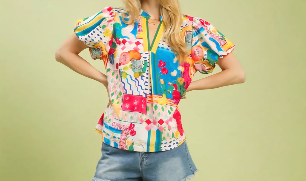 UMGEE MULTI COLOR V-NECK PUFF SLEEVE BOHO TOP