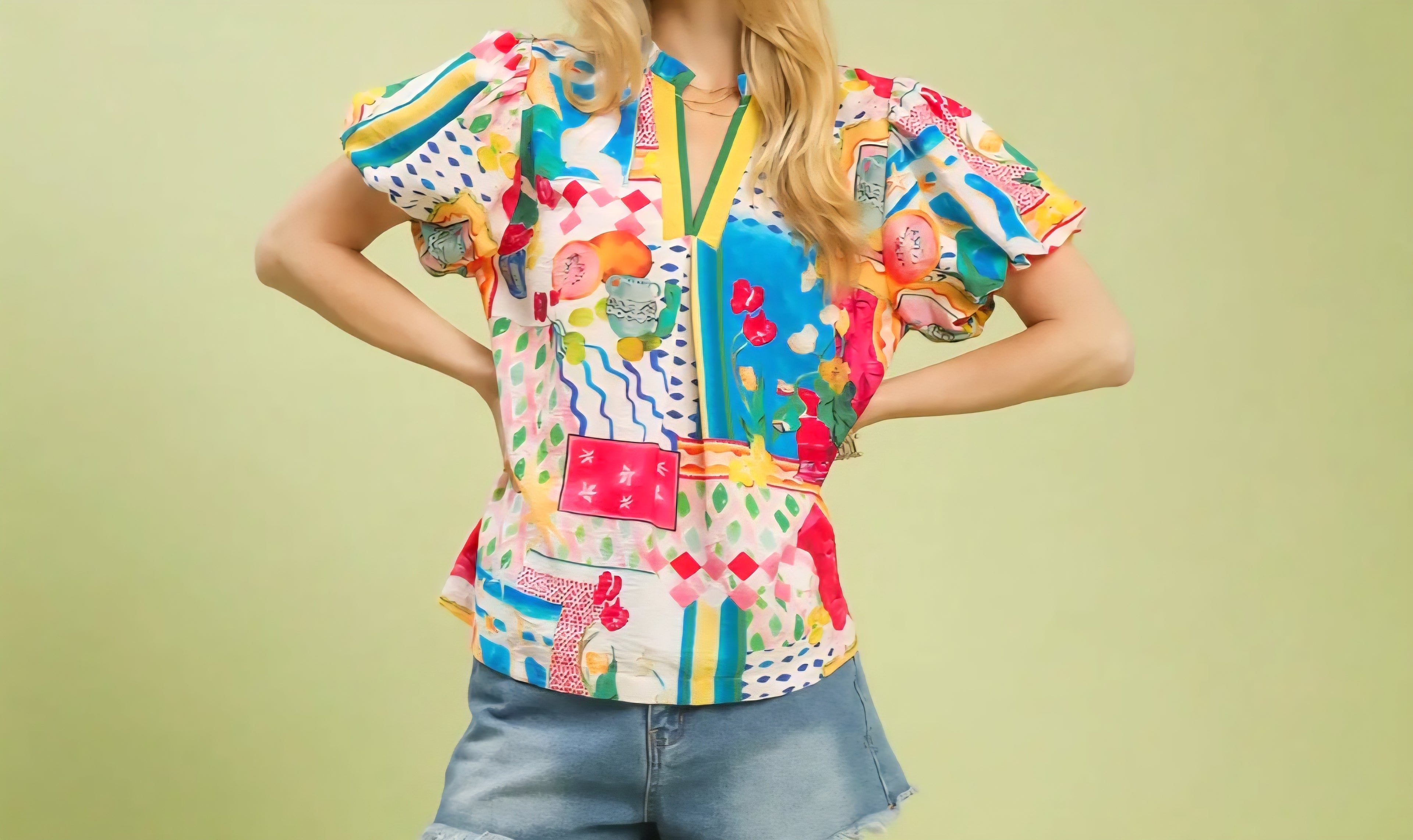 UMGEE MULTI COLOR V-NECK PUFF SLEEVE BOHO TOP