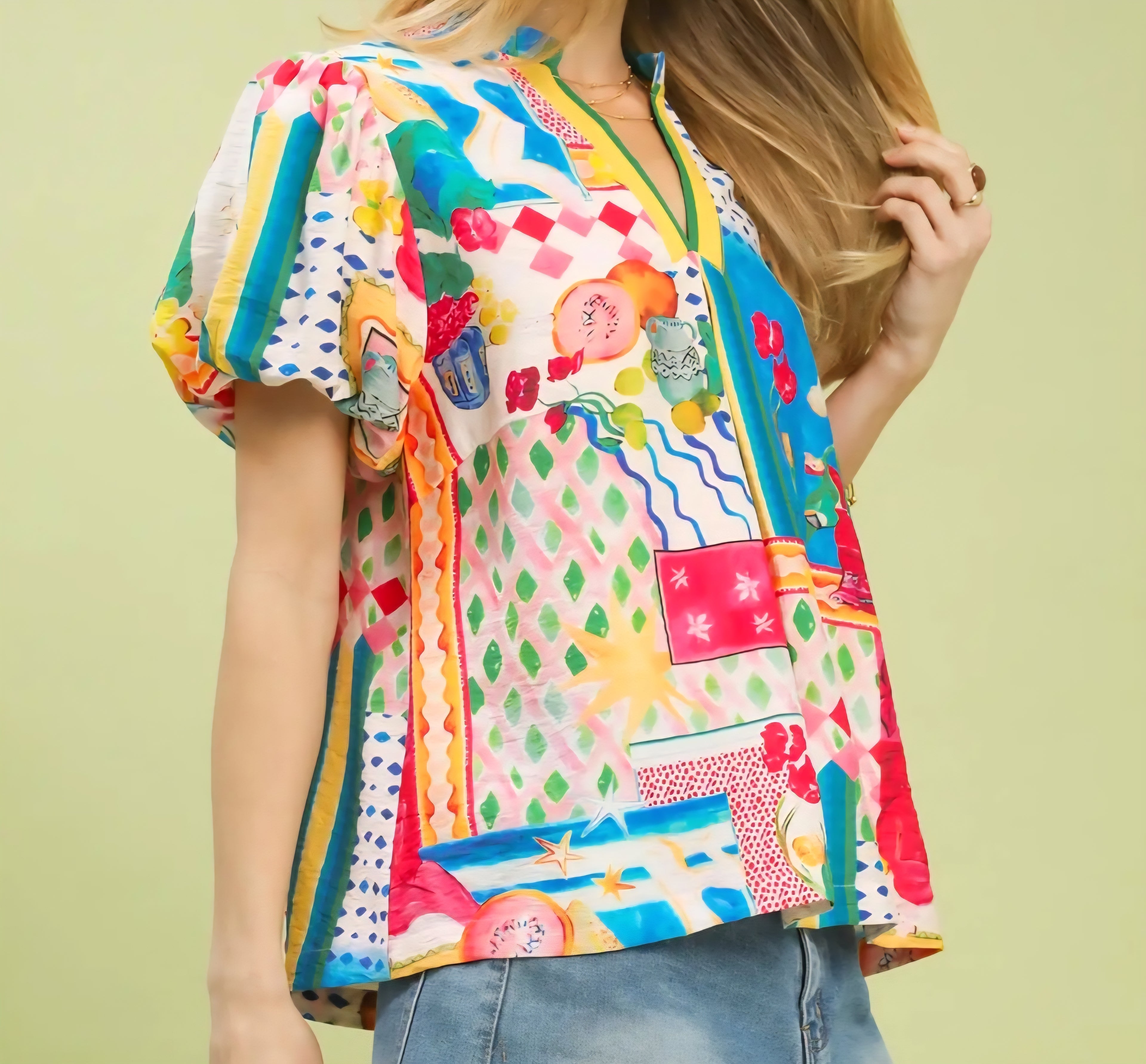 UMGEE MULTI COLOR V-NECK PUFF SLEEVE BOHO TOP
