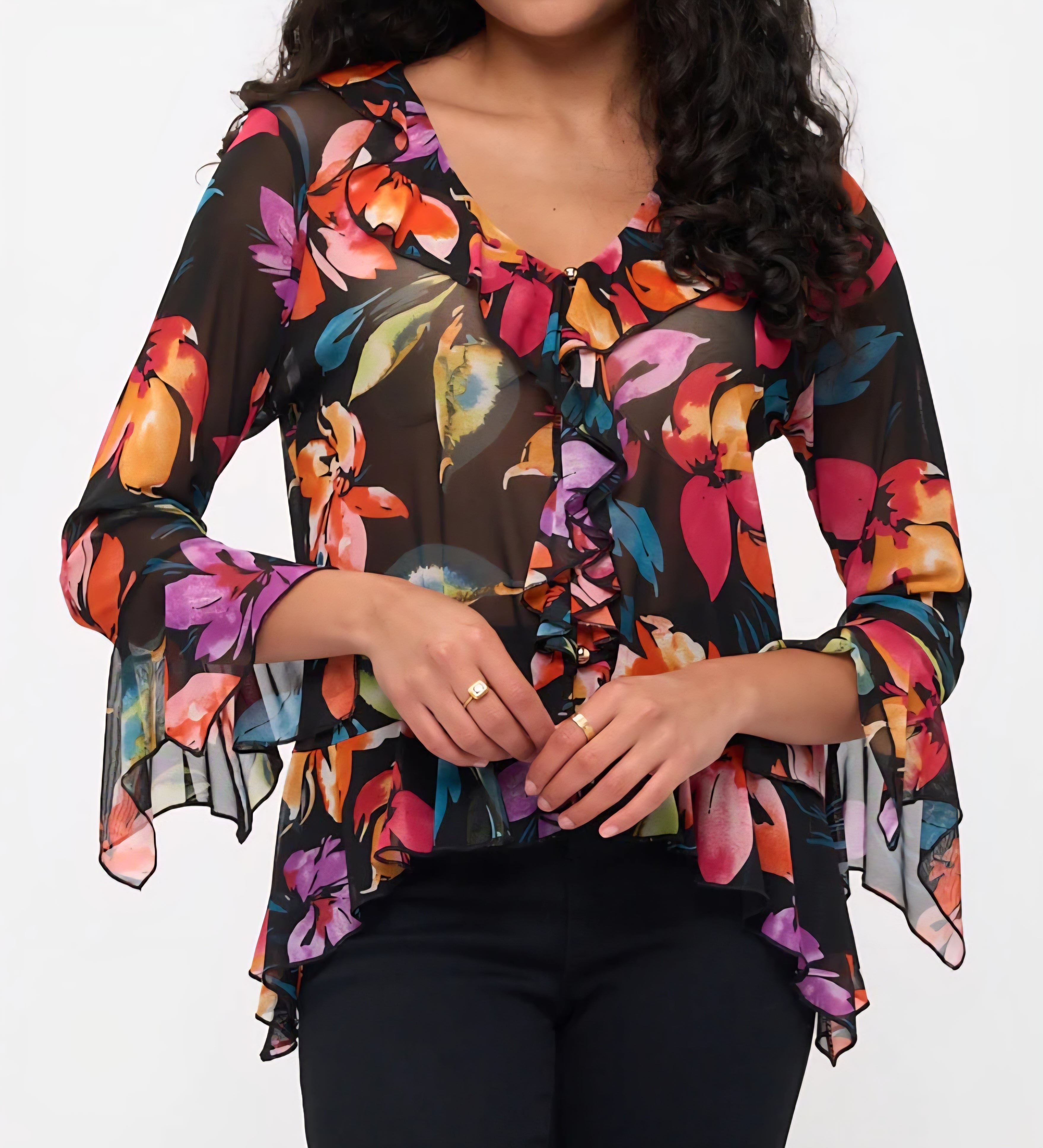 MULTI COLOR FRONT RUFFLE DETAIL 3/4 RUFFLE TRUMPET SLEEVE MESH TOP