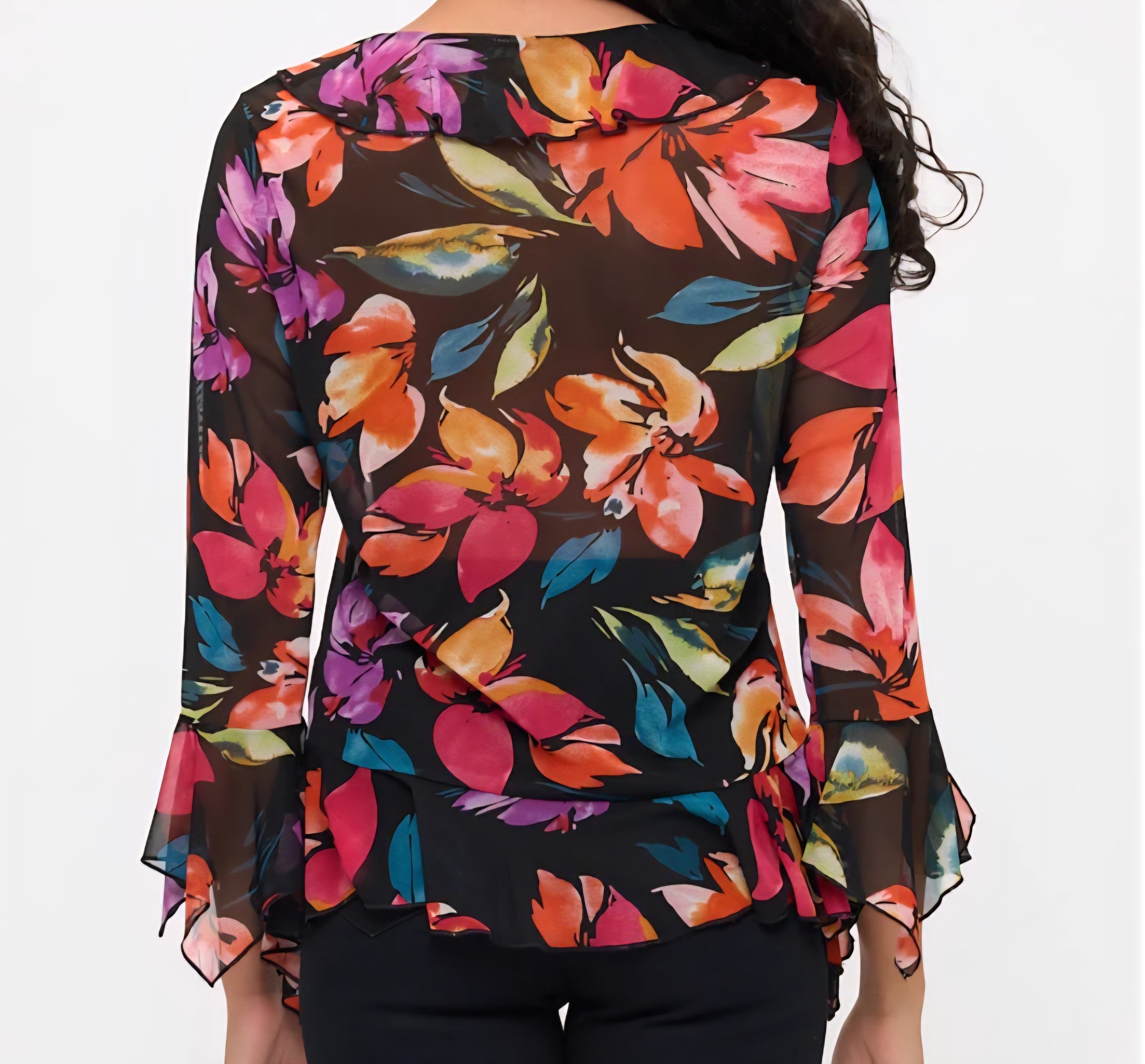 MULTI COLOR FRONT RUFFLE DETAIL 3/4 RUFFLE TRUMPET SLEEVE MESH TOP