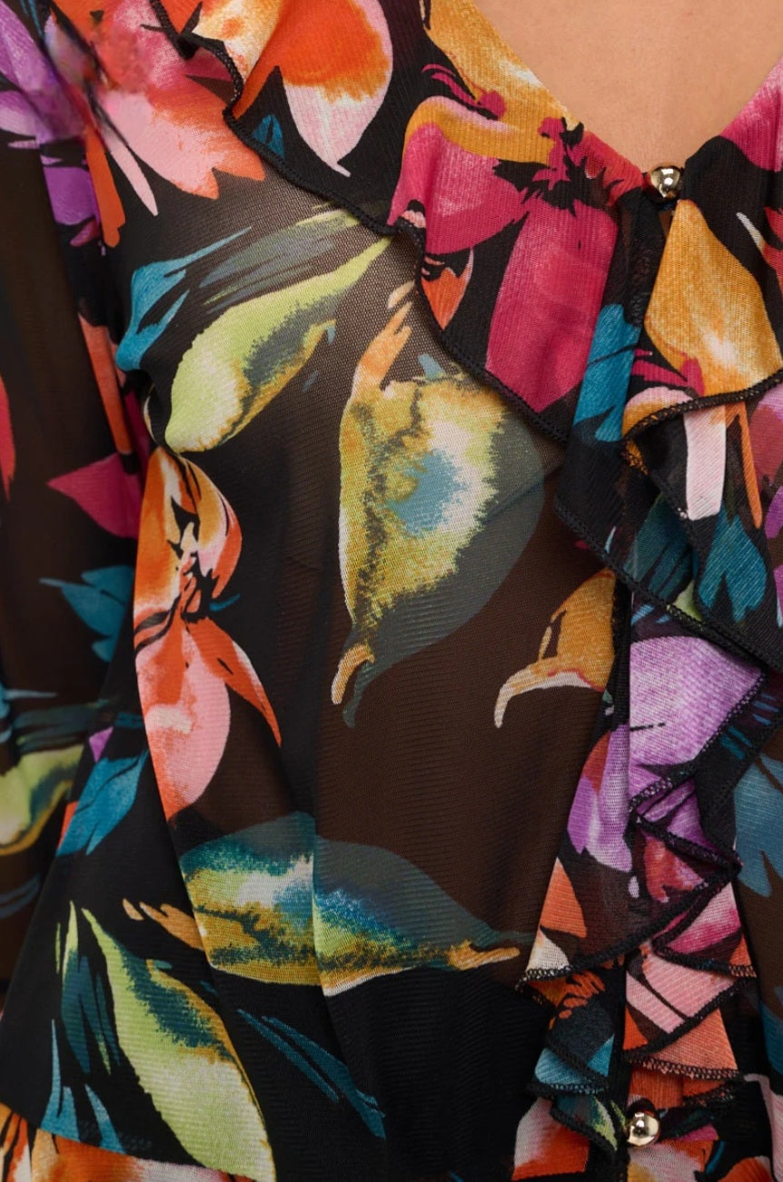 MULTI COLOR FRONT RUFFLE DETAIL 3/4 RUFFLE TRUMPET SLEEVE MESH TOP