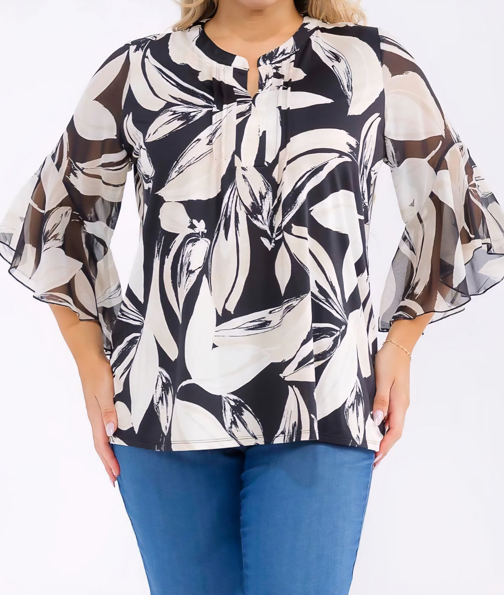 PLUS SIZE FLORAL BLACK & IVORY MIX SPLIT V-NOTCH NECK MANDARIN COLLAR 3/4 LENGTH BELL SLEEVES