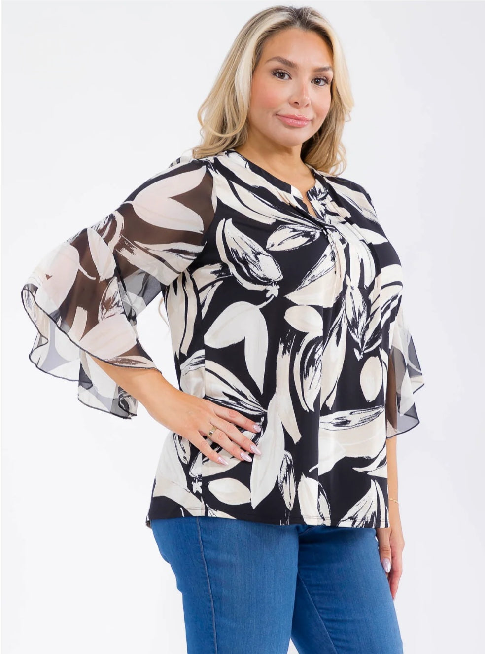 PLUS SIZE FLORAL BLACK & IVORY MIX SPLIT V-NOTCH NECK MANDARIN COLLAR 3/4 LENGTH BELL SLEEVES