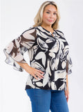 PLUS SIZE FLORAL BLACK & IVORY MIX SPLIT V-NOTCH NECK MANDARIN COLLAR 3/4 LENGTH BELL SLEEVES