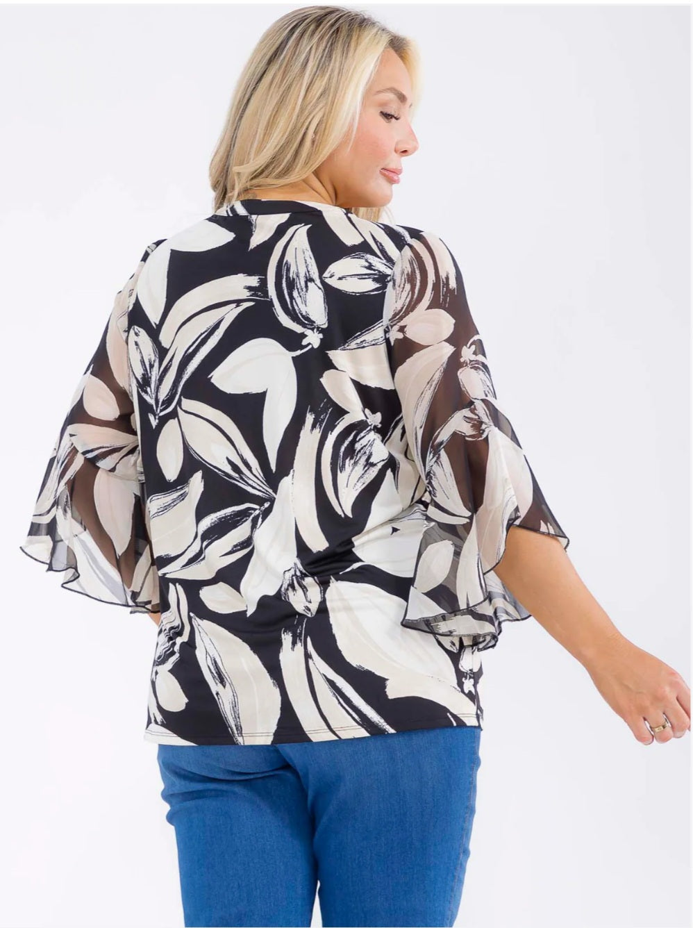 PLUS SIZE FLORAL BLACK & IVORY MIX SPLIT V-NOTCH NECK MANDARIN COLLAR 3/4 LENGTH BELL SLEEVES