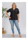 PLUS SIZE V-NECK BAND COLLAR BUTTON UP 2 POCKET BLACK TOP