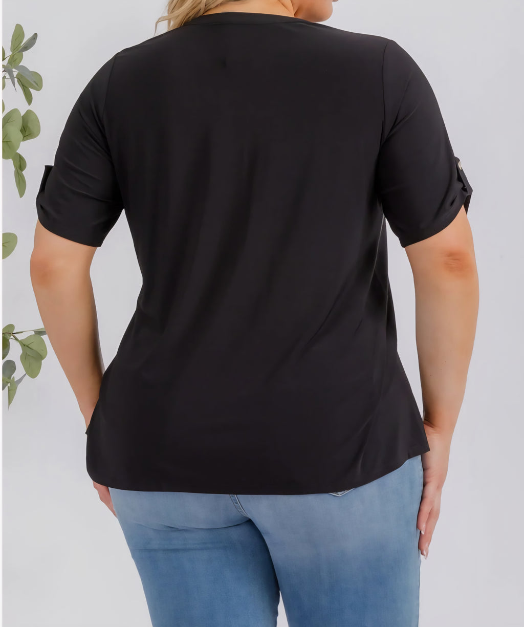 PLUS SIZE V-NECK BAND COLLAR BUTTON UP 2 POCKET BLACK TOP