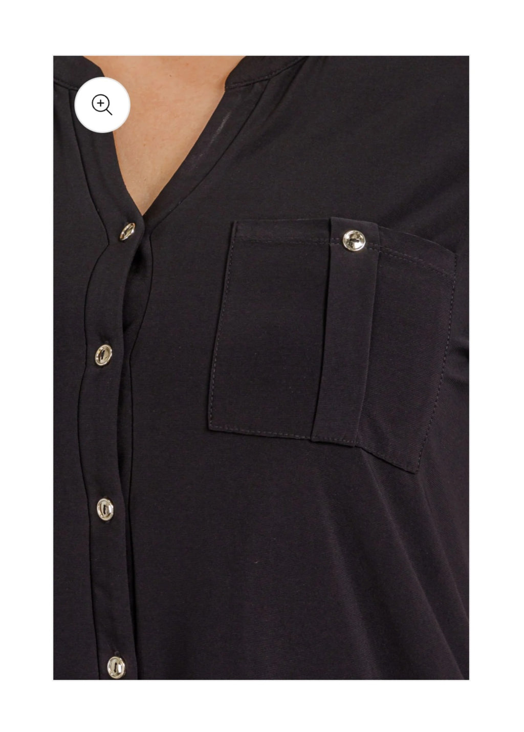 PLUS SIZE V-NECK BAND COLLAR BUTTON UP 2 POCKET BLACK TOP