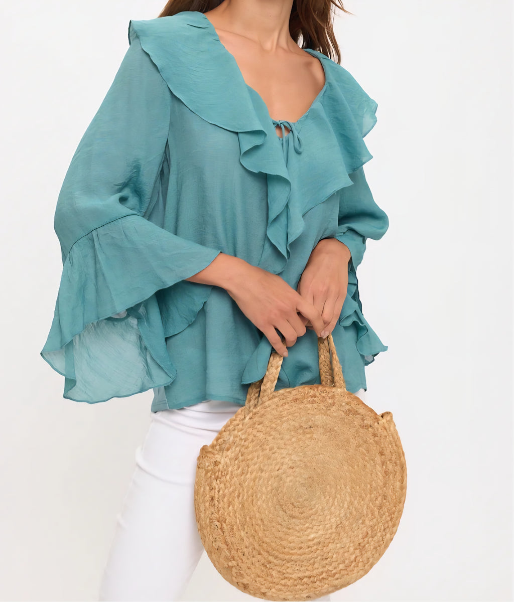 CASCADE FRONT RUFFLE DETAIL BELL SLEEVE BLOUSE | Mauve or Teal