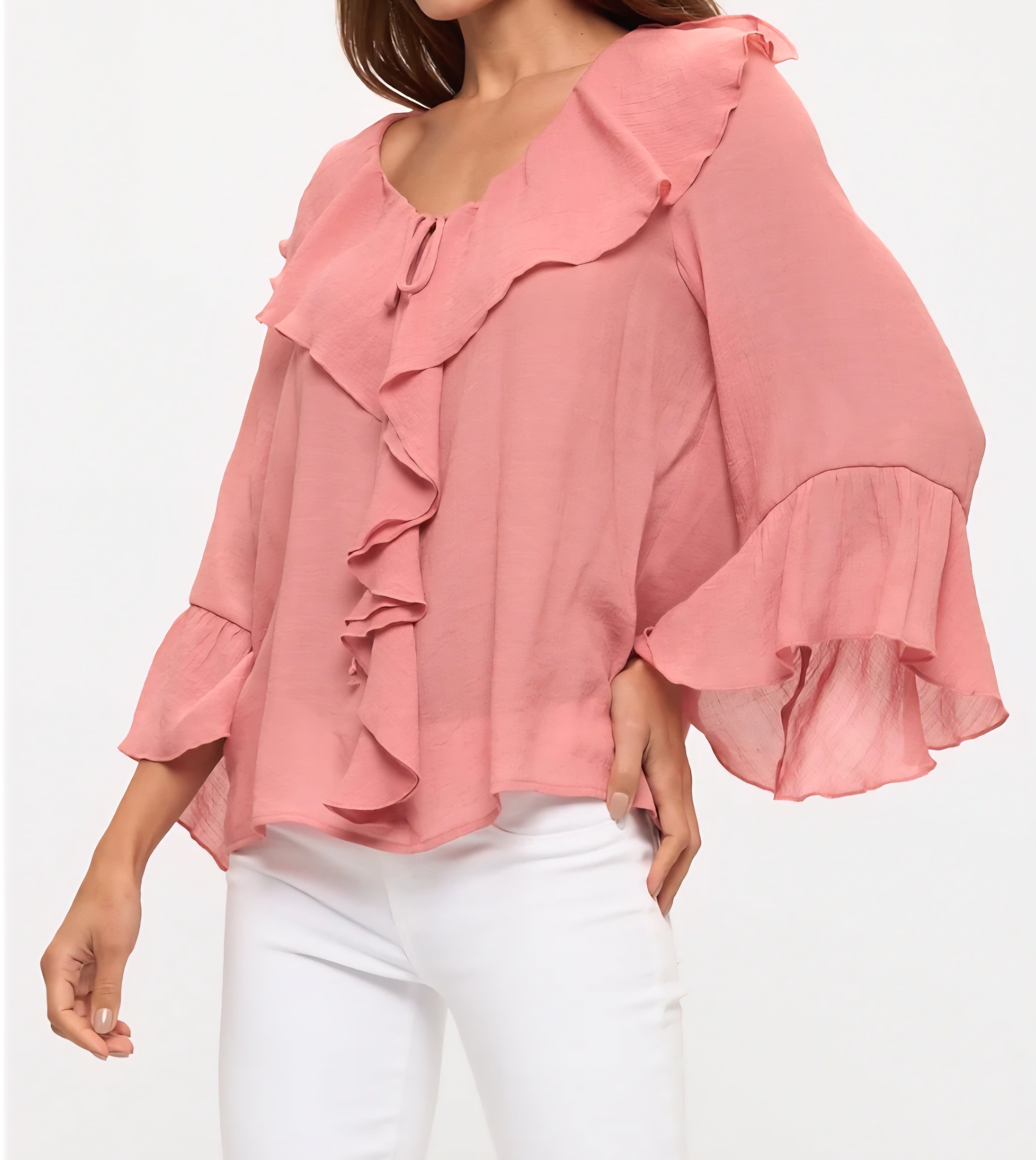 CASCADE FRONT RUFFLE DETAIL BELL SLEEVE BLOUSE | Mauve or Teal