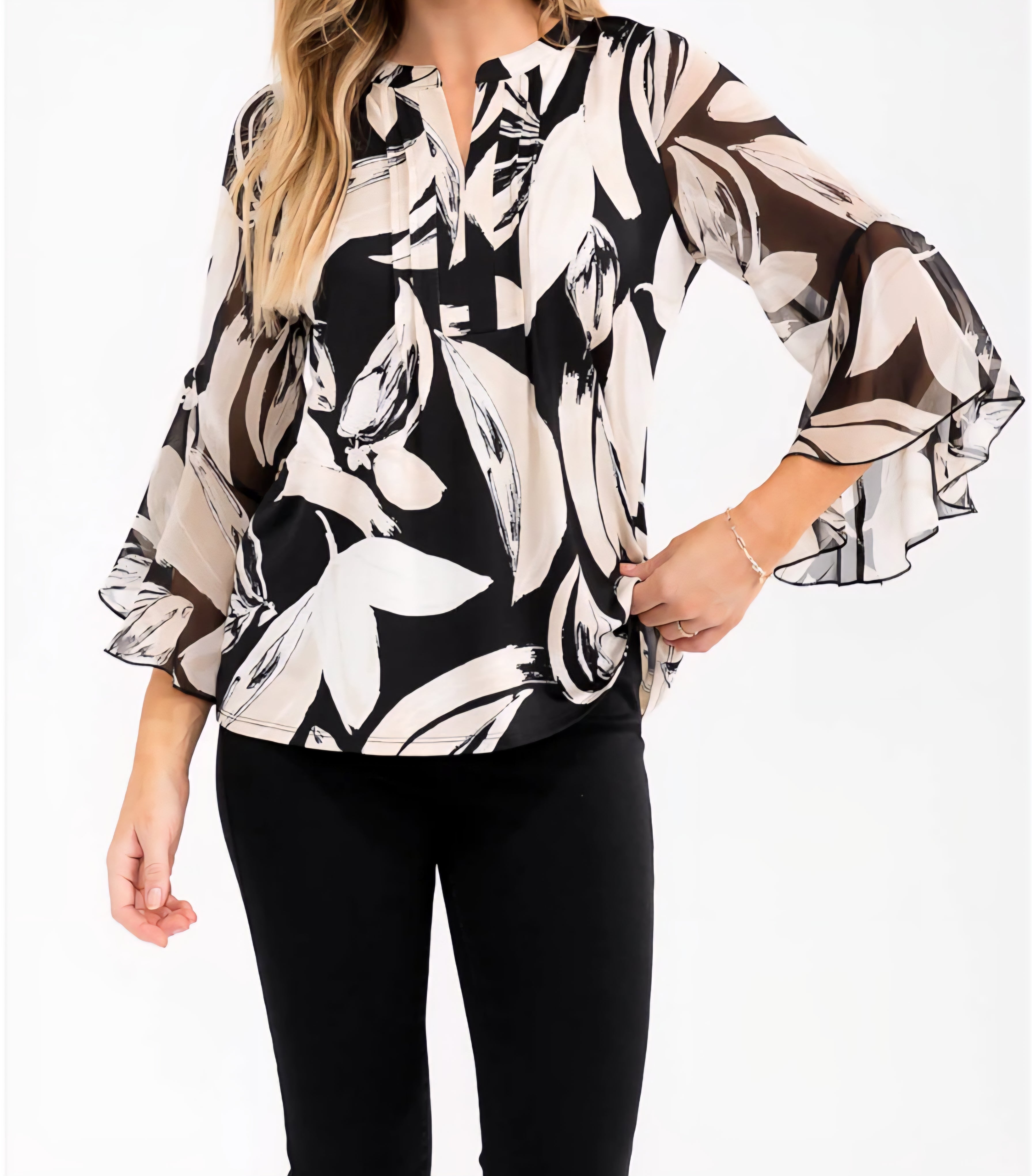 FLORAL BLACK & IVORY MIX BAND COLLAR SPLIT V-NECK 3/4 LENGTH BELL SLEEVES