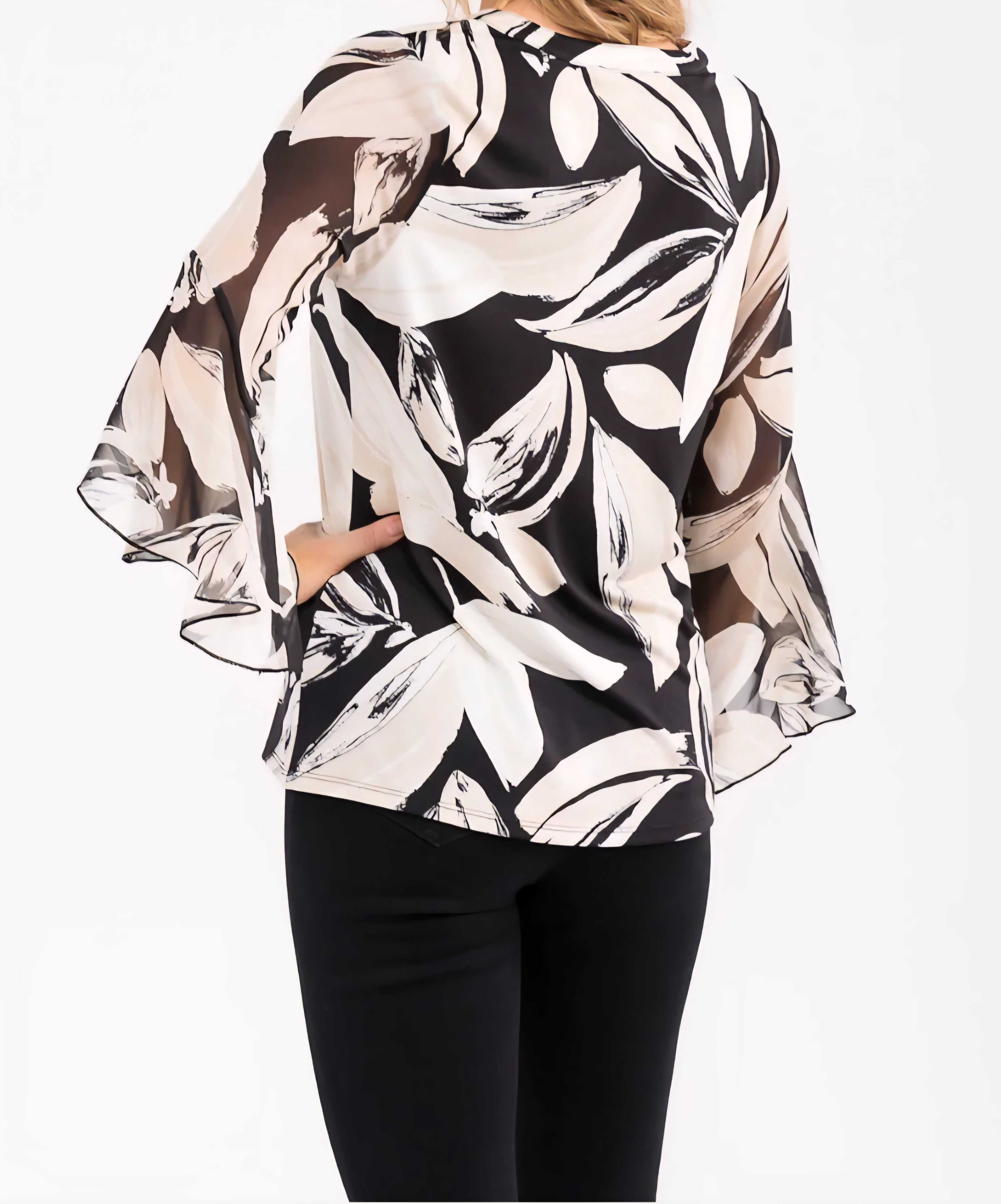 FLORAL BLACK & IVORY MIX BAND COLLAR SPLIT V-NECK 3/4 LENGTH BELL SLEEVES