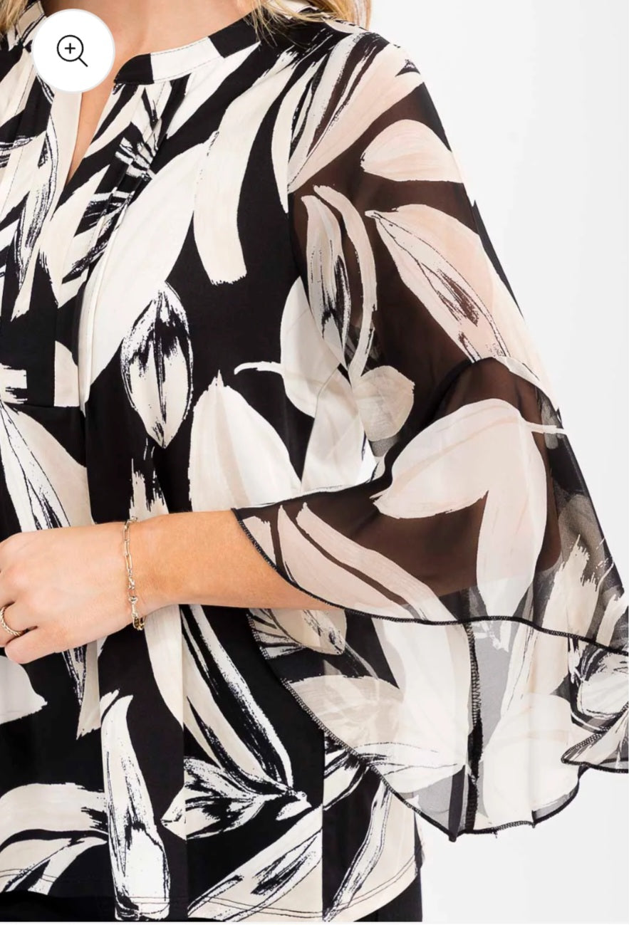 FLORAL BLACK & IVORY MIX BAND COLLAR SPLIT V-NECK 3/4 LENGTH BELL SLEEVES