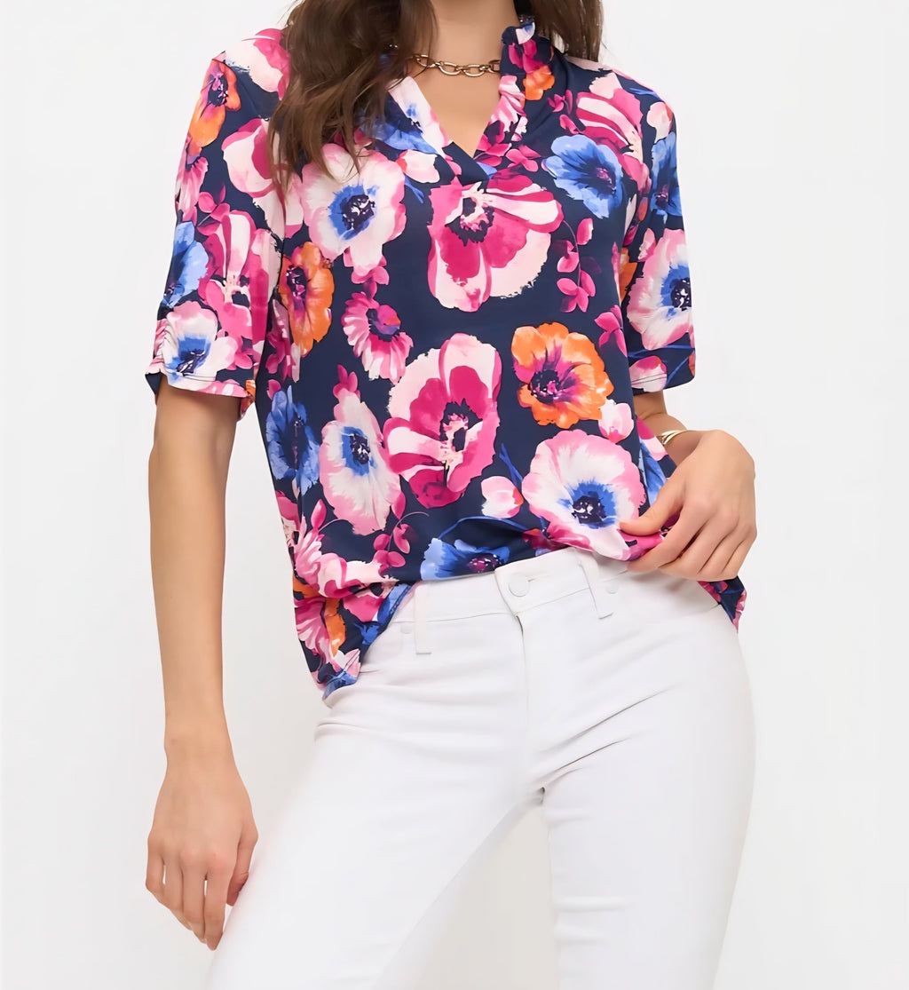 BRIGHT FLORAL MIX V-NECK BAND COLLAR WITH RUFFLE DETAILS S/S TOP