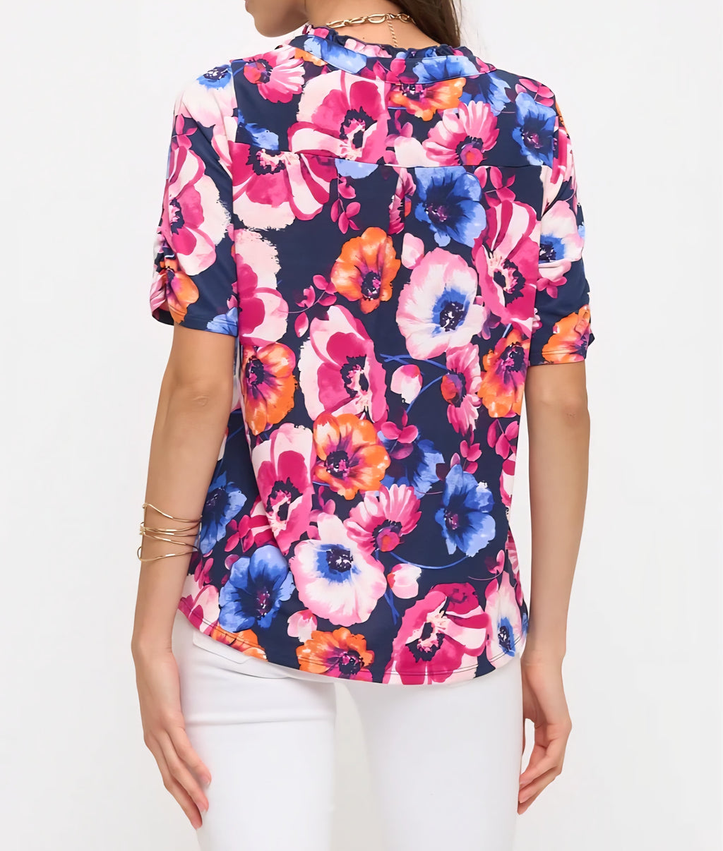 BRIGHT FLORAL MIX V-NECK BAND COLLAR WITH RUFFLE DETAILS S/S TOP
