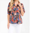 CORAL & BLUE FLORAL MIX BEAUTIFUL RUFFLE DETAIL V-NECK SHEER PUFF ELBOW LENGTH SLEEVE BLOUSE