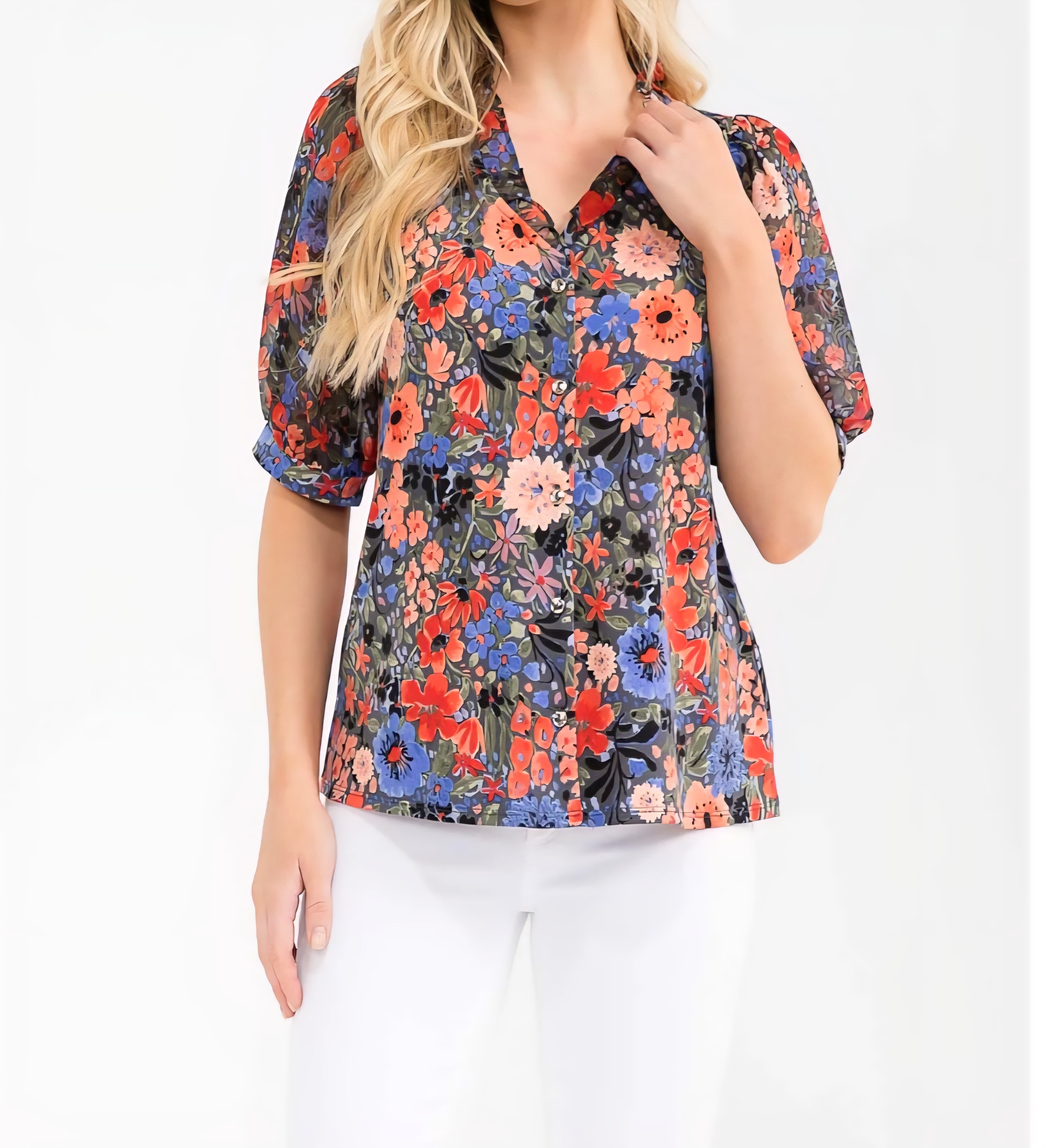 CORAL & BLUE FLORAL MIX BEAUTIFUL RUFFLE DETAIL V-NECK SHEER PUFF ELBOW LENGTH SLEEVE BLOUSE