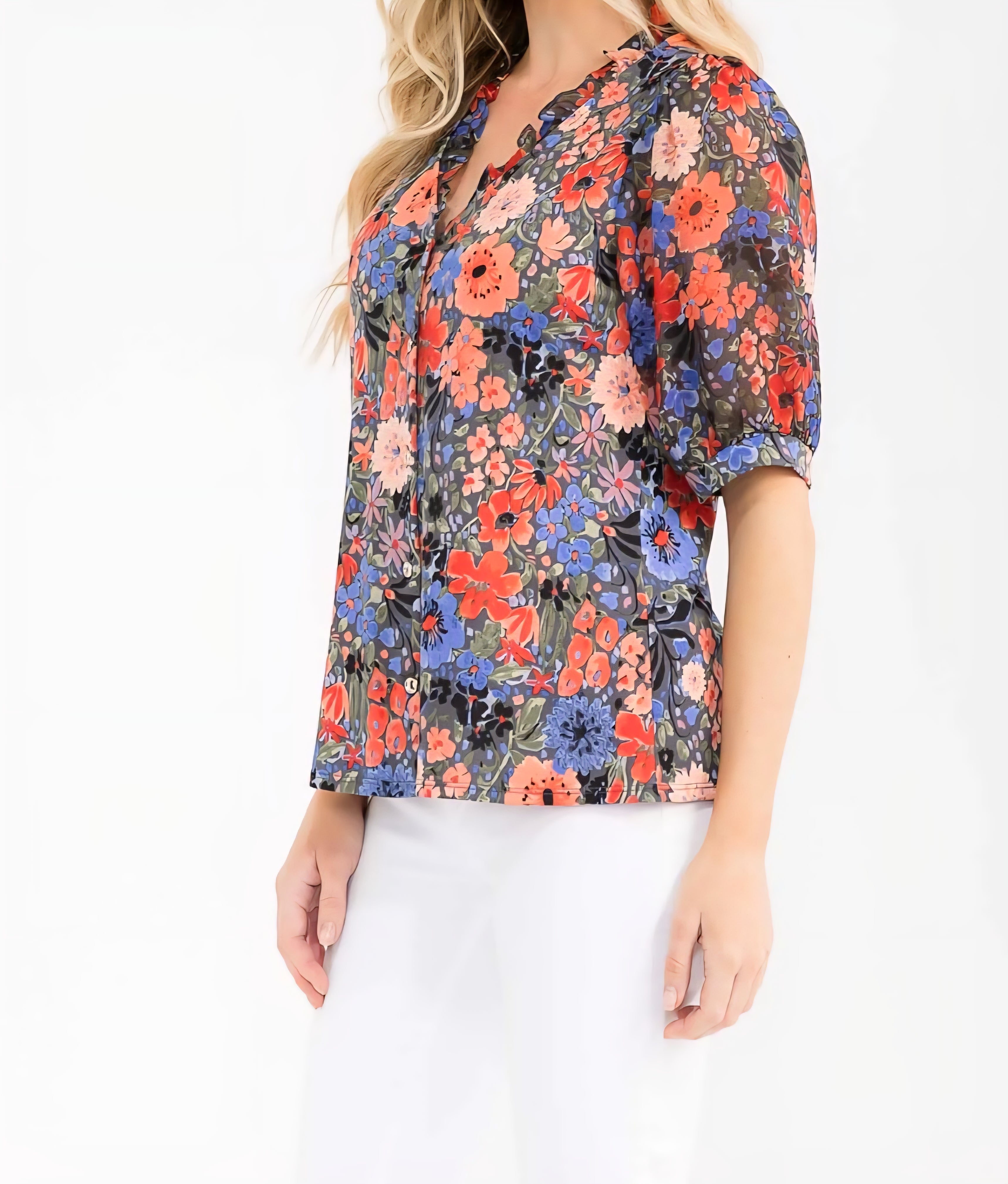 CORAL & BLUE FLORAL MIX BEAUTIFUL RUFFLE DETAIL V-NECK SHEER PUFF ELBOW LENGTH SLEEVE BLOUSE