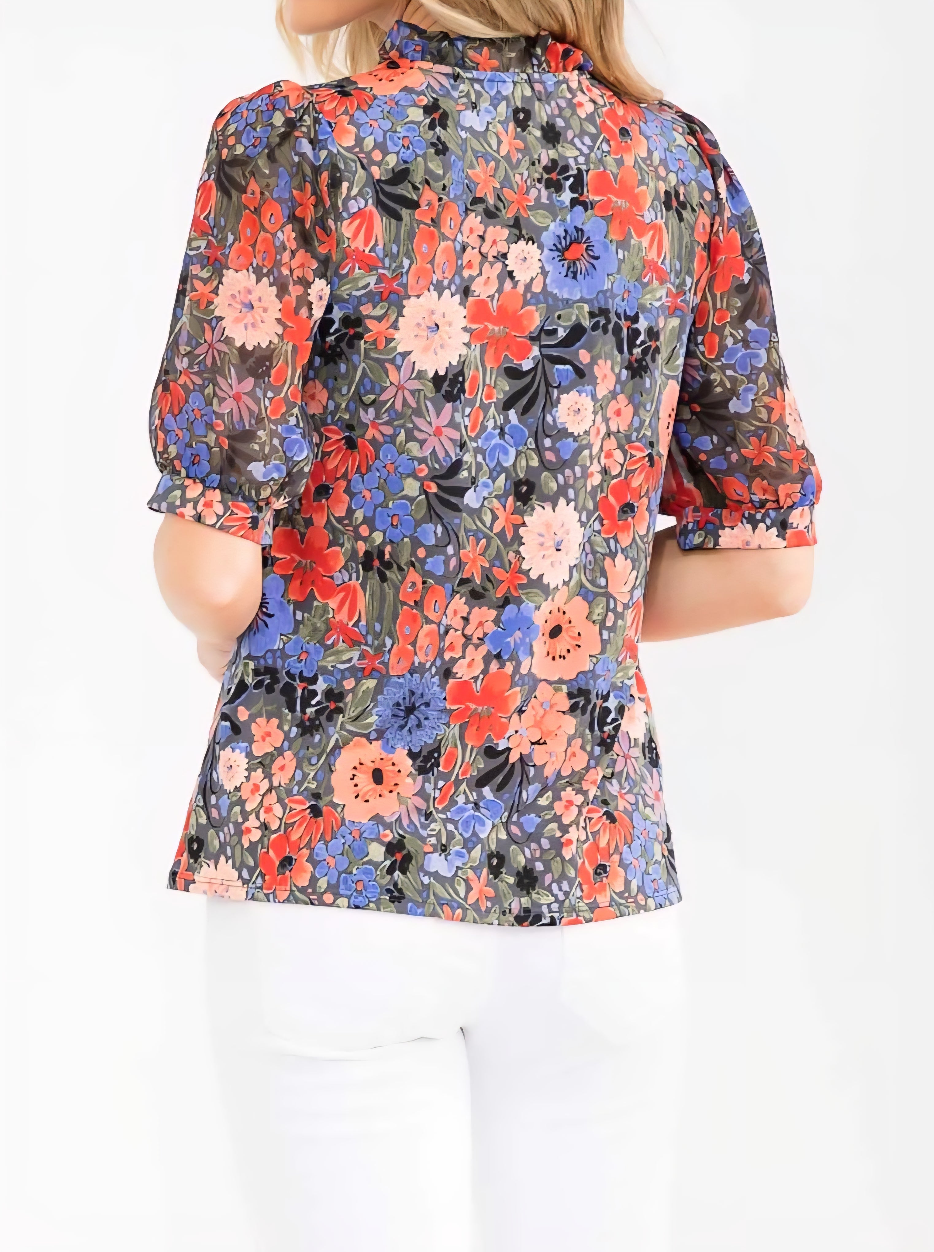 CORAL & BLUE FLORAL MIX BEAUTIFUL RUFFLE DETAIL V-NECK SHEER PUFF ELBOW LENGTH SLEEVE BLOUSE