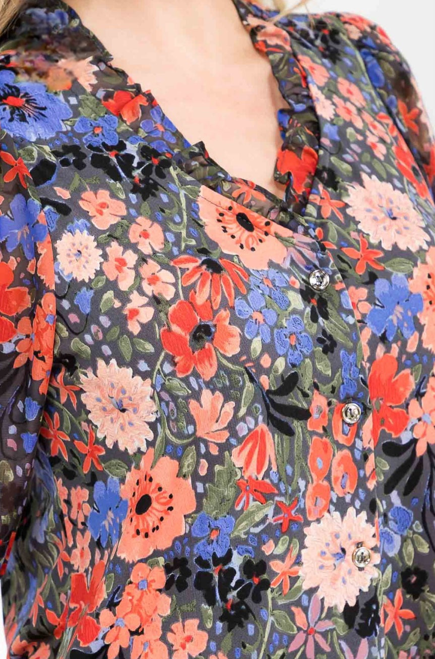 CORAL & BLUE FLORAL MIX BEAUTIFUL RUFFLE DETAIL V-NECK SHEER PUFF ELBOW LENGTH SLEEVE BLOUSE