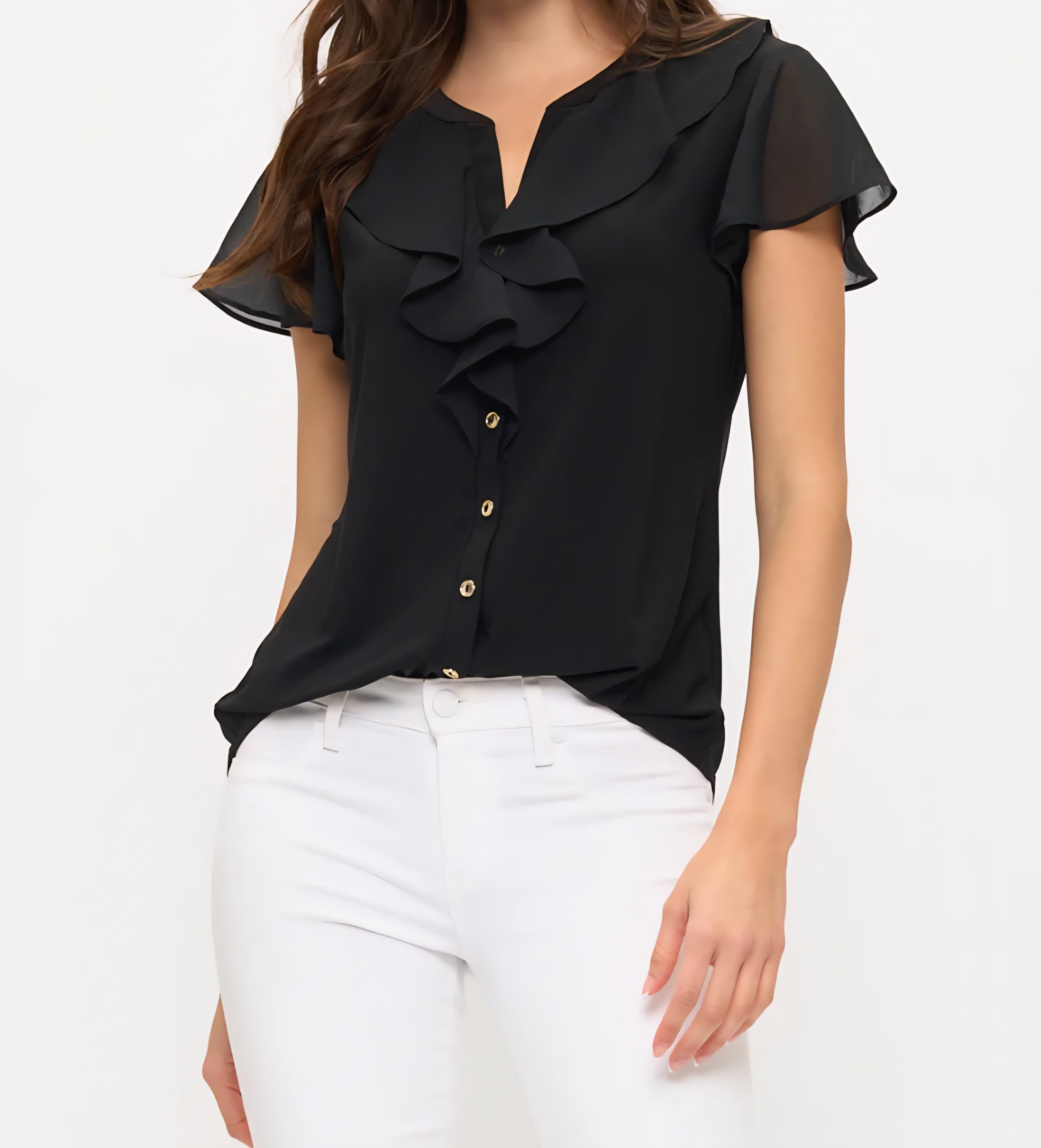 FRONT CASCADE RUFFLE DETAIL BLACK FLUTTER S/S TOP