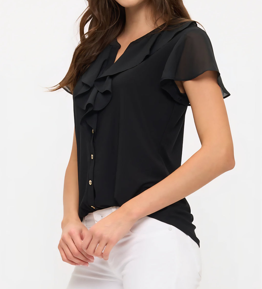 FRONT CASCADE RUFFLE DETAIL BLACK FLUTTER S/S TOP