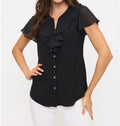 FRONT CASCADE RUFFLE DETAIL BLACK FLUTTER S/S TOP