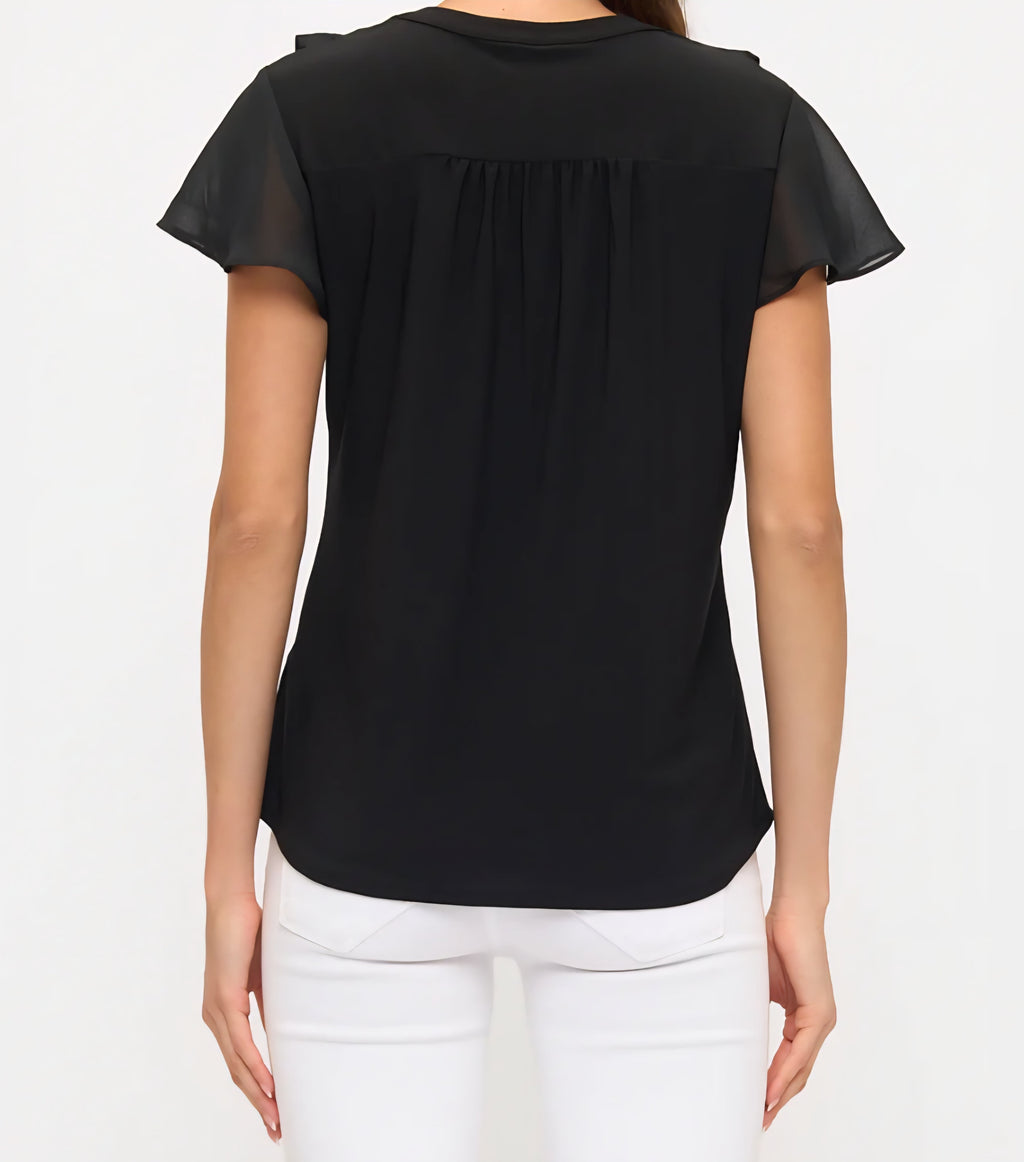 FRONT CASCADE RUFFLE DETAIL BLACK FLUTTER S/S TOP