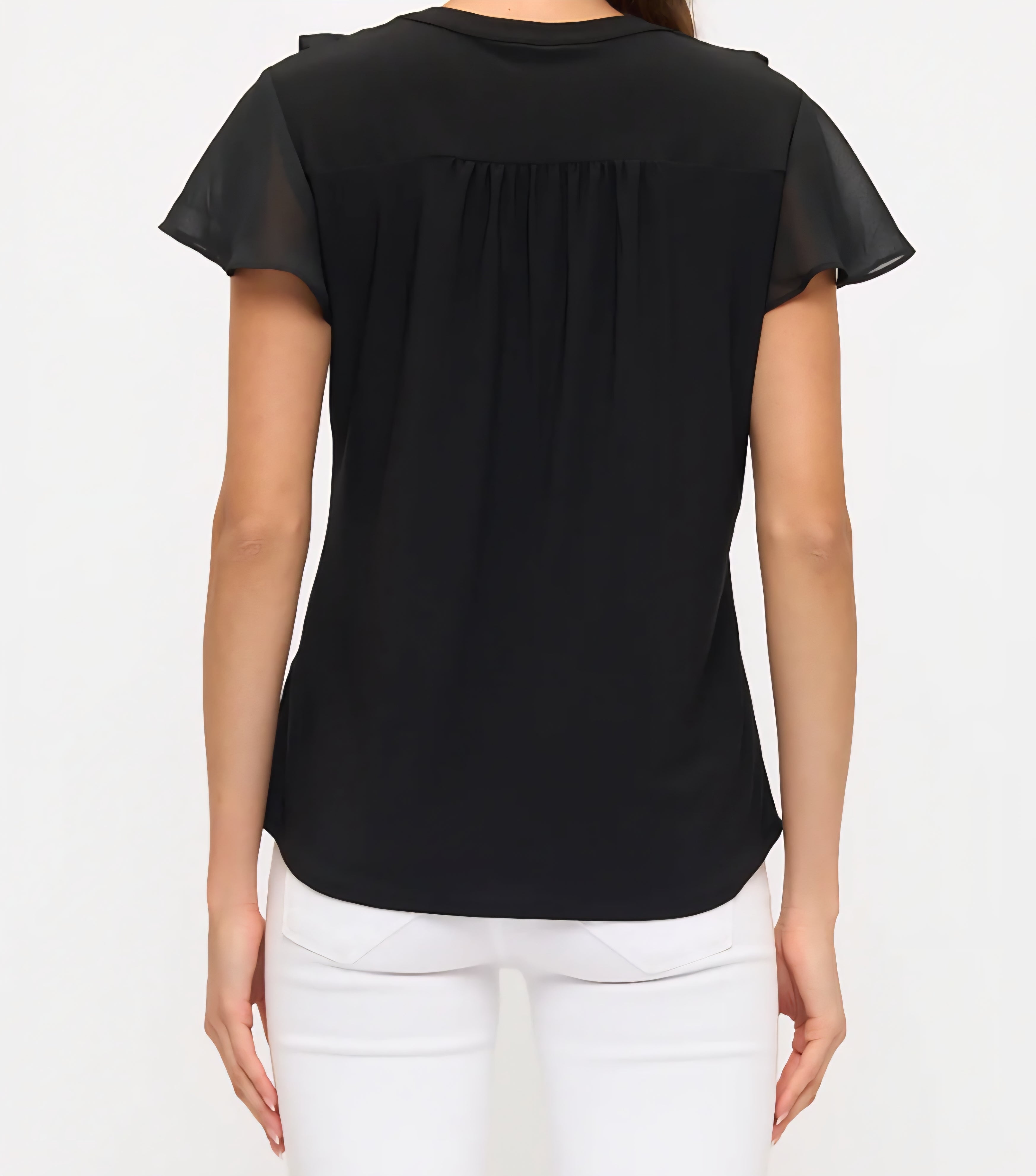 FRONT CASCADE RUFFLE DETAIL BLACK FLUTTER S/S TOP