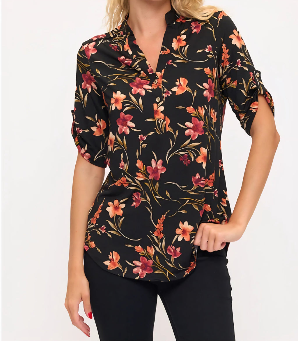 FLORAL BERRY & CORAL MIX MANDARIN COLLAR  HALF BUTTON UP ROLL TAB ELBOW TOP