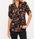 FLORAL BERRY & CORAL MIX MANDARIN COLLAR  HALF BUTTON UP ROLL TAB ELBOW TOP