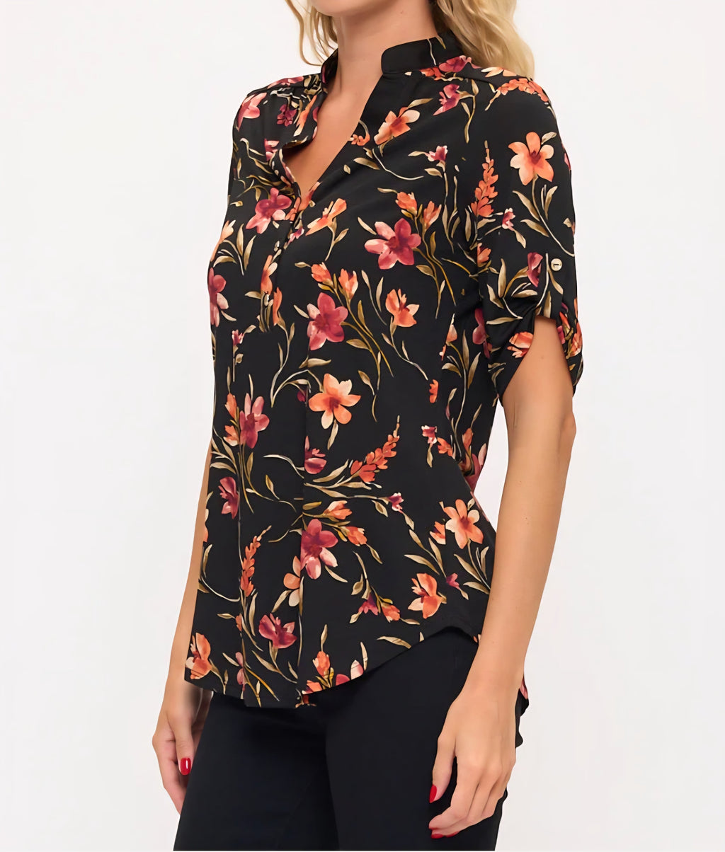 FLORAL BERRY & CORAL MIX MANDARIN COLLAR  HALF BUTTON UP ROLL TAB ELBOW TOP