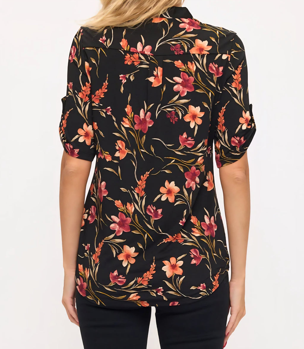 FLORAL BERRY & CORAL MIX MANDARIN COLLAR  HALF BUTTON UP ROLL TAB ELBOW TOP