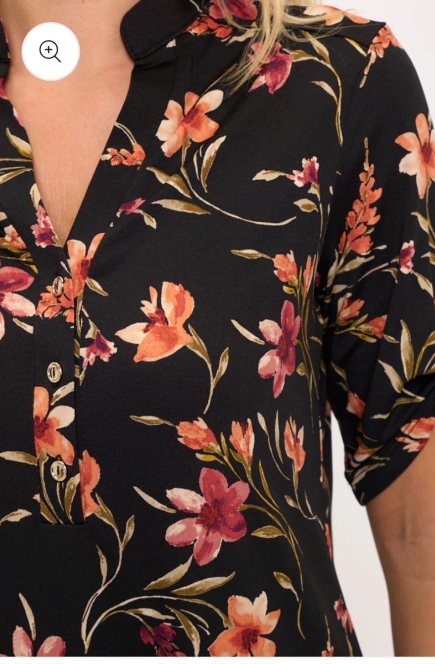 FLORAL BERRY & CORAL MIX MANDARIN COLLAR  HALF BUTTON UP ROLL TAB ELBOW TOP
