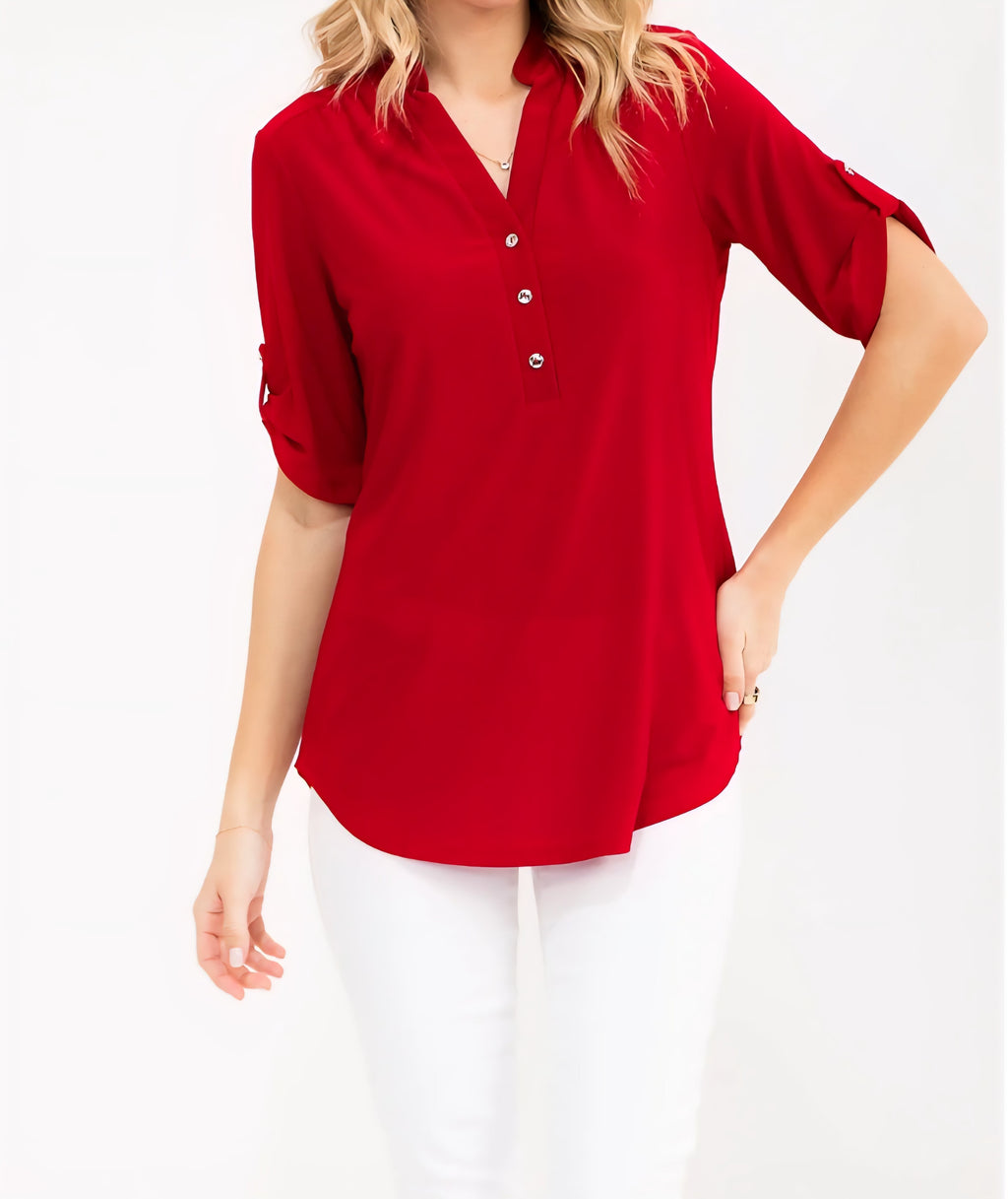 RED HALF BUTTON UP MANDARIN COLLAR ROLL TAB ELBOW LENGTH SLEEVE