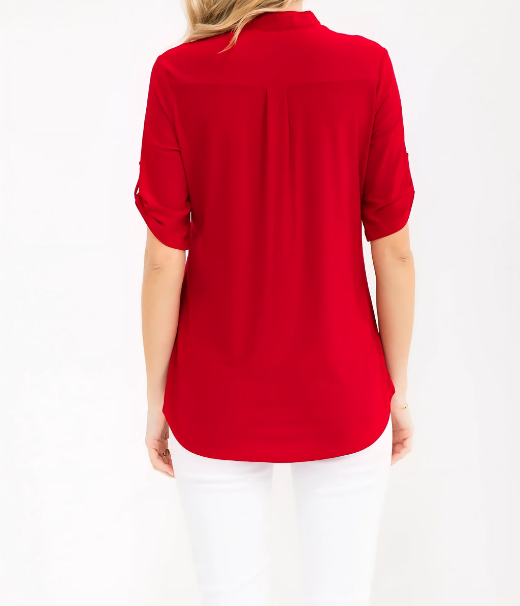 RED HALF BUTTON UP MANDARIN COLLAR ROLL TAB ELBOW LENGTH SLEEVE