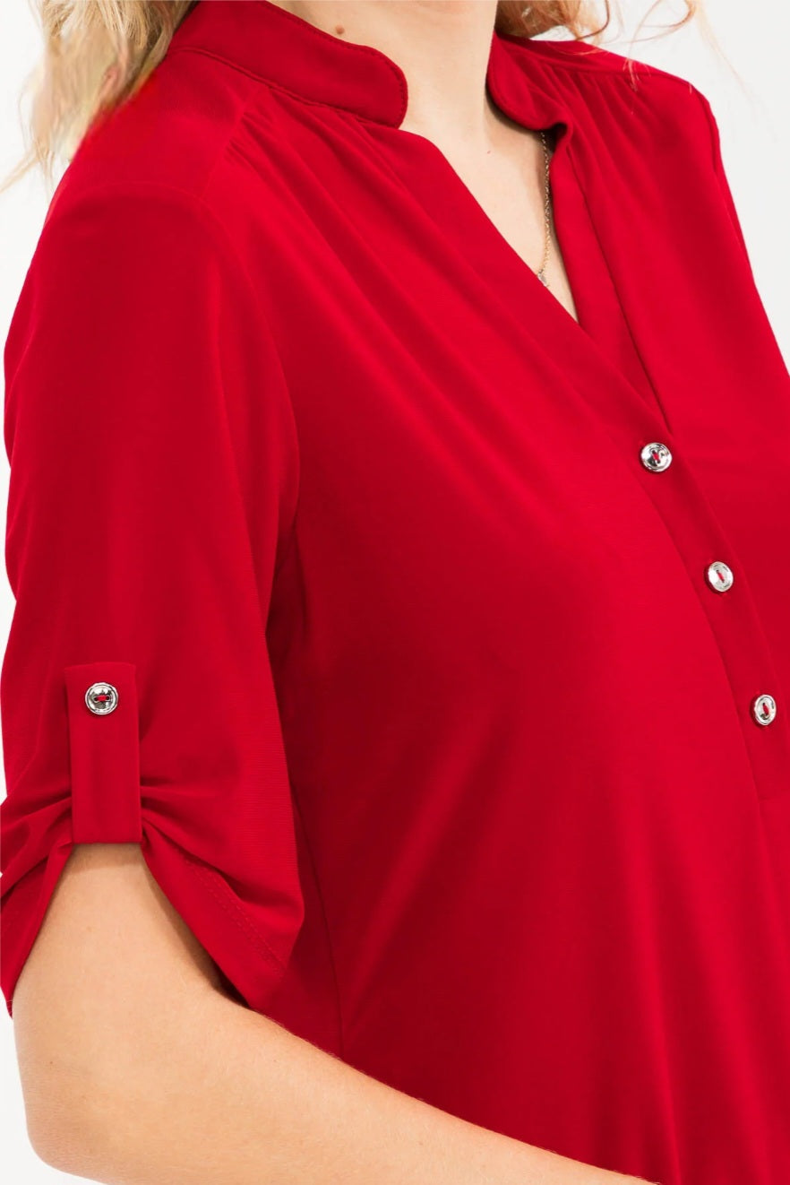 RED HALF BUTTON UP MANDARIN COLLAR ROLL TAB ELBOW LENGTH SLEEVE