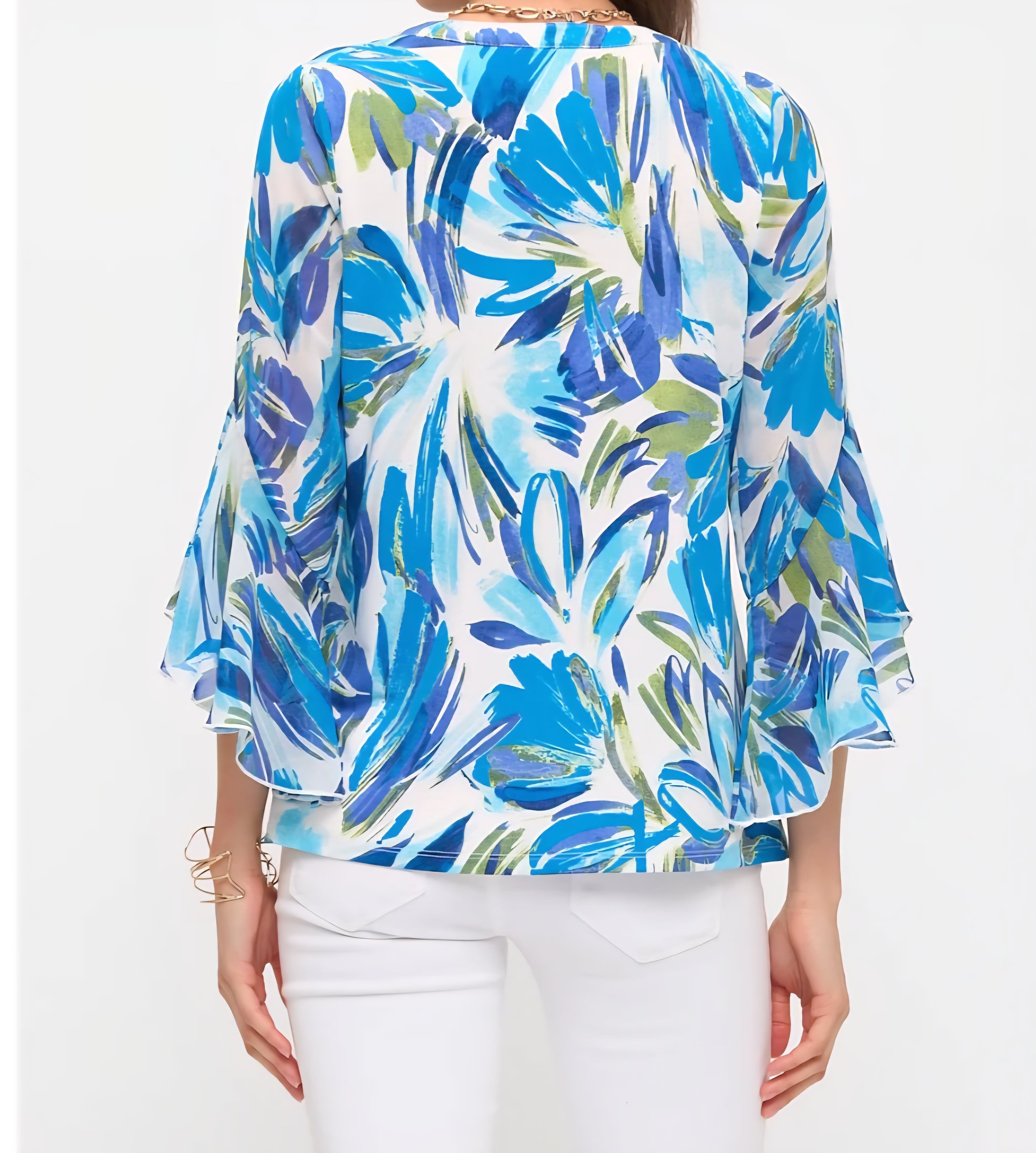 BLUE FLORAL MIX SPLIT V-NECK MANDARIN COLLAR 3/4 LENGTH FLARE SLEEVES