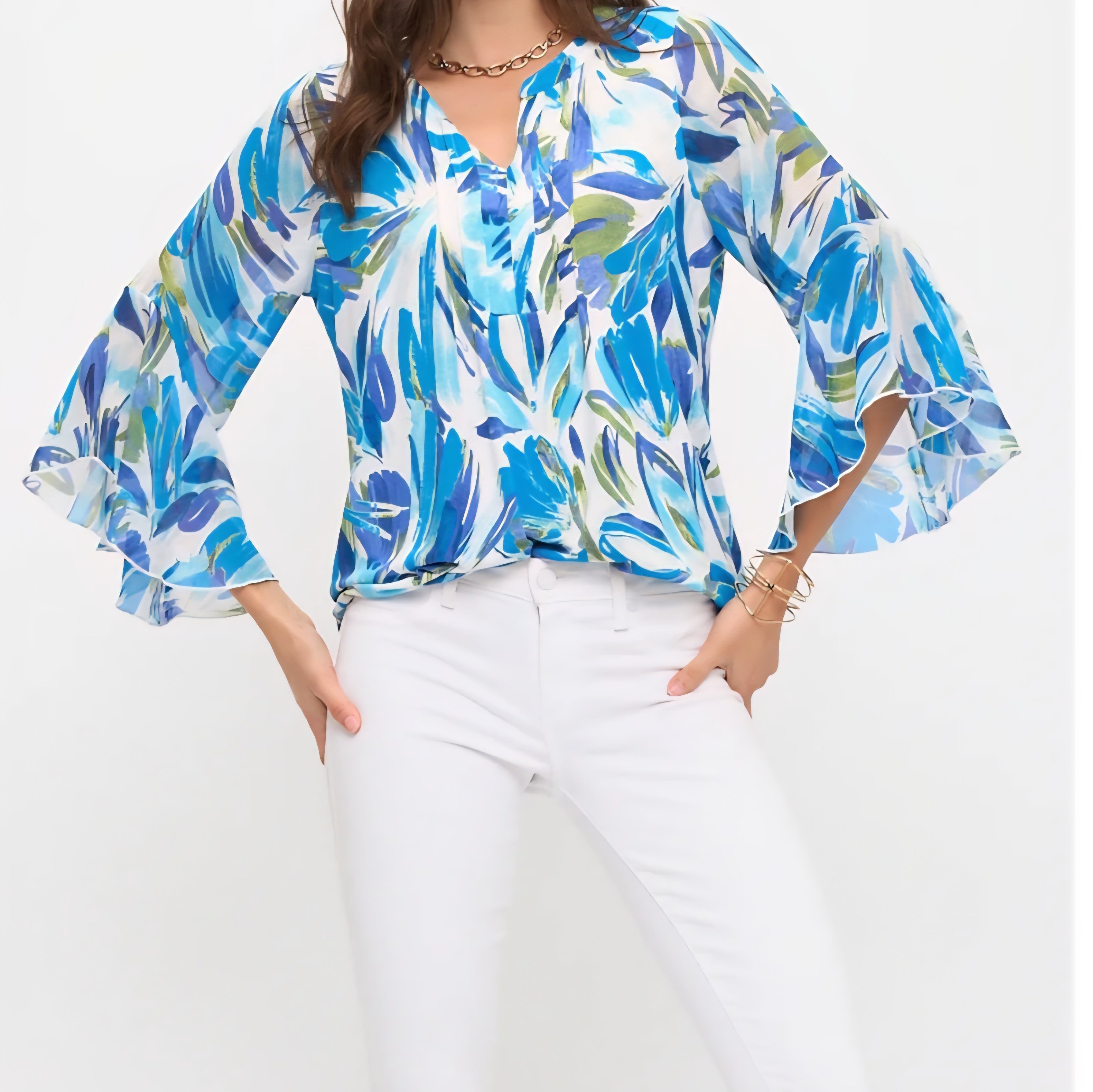 BLUE FLORAL MIX SPLIT V-NECK MANDARIN COLLAR 3/4 LENGTH FLARE SLEEVES