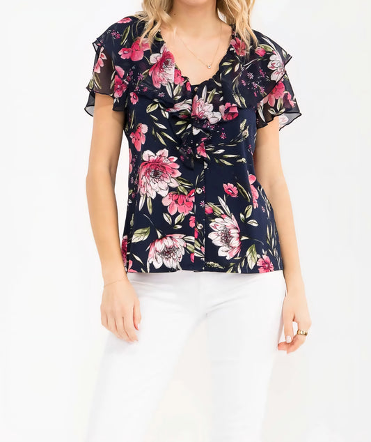 GORGEOUS SHEER DOUBLE RUFFLED COLLAR AND FRONT BUTTON UP PINK FLORAL FLUTTER S/S TOP