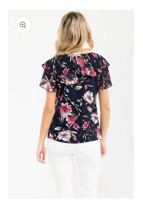 Double Ruffle Collar Floral Flutter Sleeve Button-Up Blouse | Navy & Pink Print | S or L Only