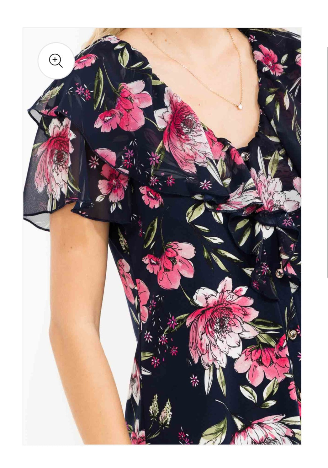 GORGEOUS SHEER DOUBLE RUFFLED COLLAR AND FRONT BUTTON UP PINK FLORAL FLUTTER S/S TOP